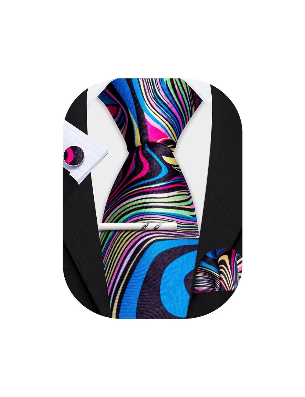 1885 Rainbow Tie with Tie Clip Abstract Print Silk Necktie Pocket Square